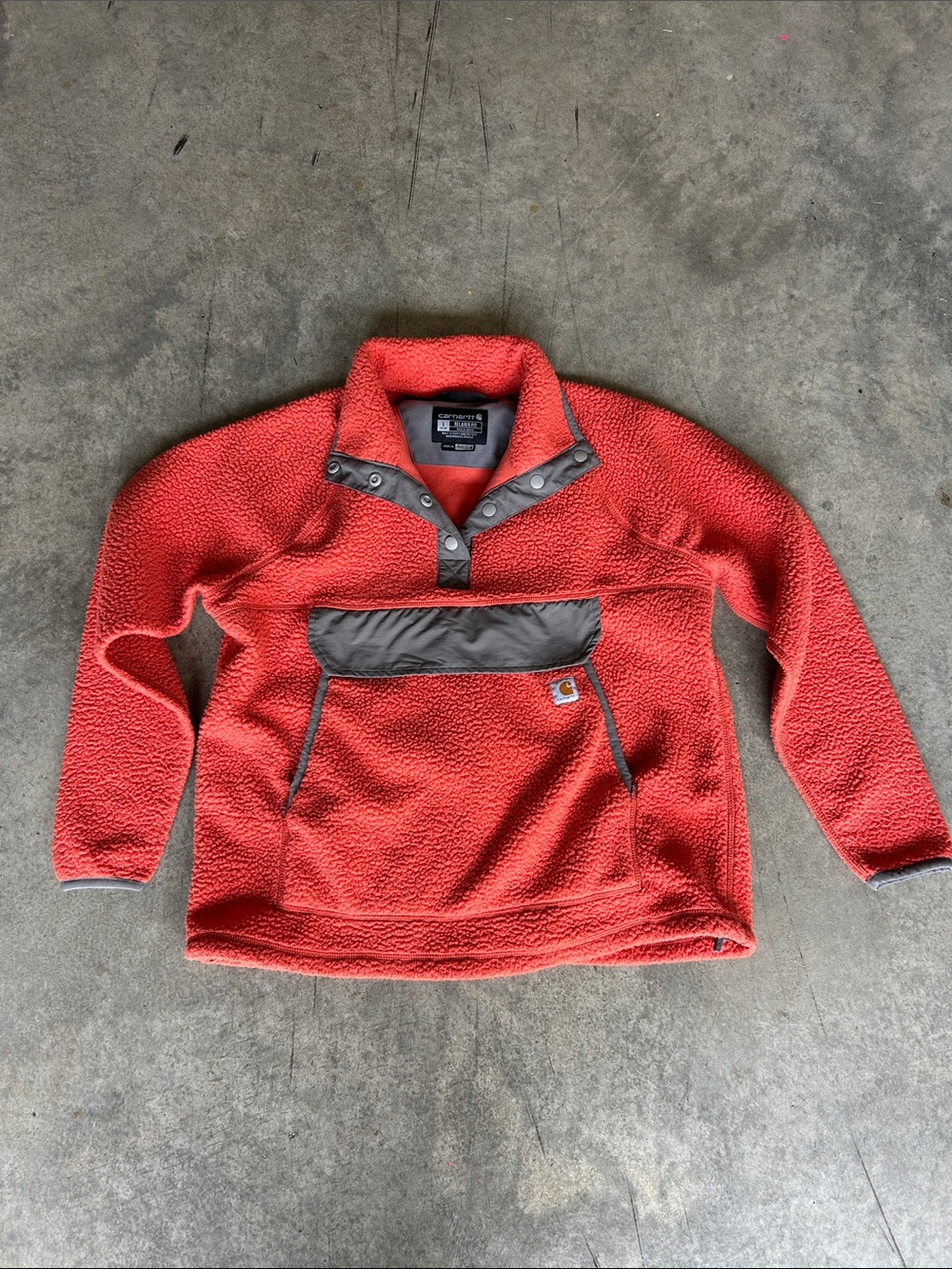 Carhartt Coral Red Orange Snap-Front Sherpa Pullover with Gray Accents